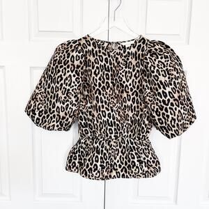 H&M Puff Sleeve Leopard Print Peplum Blouse